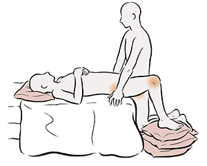 Position sexuelle montrant une personne allongée sur le lit et une personne agenouillée sur des oreillers à côté du lit.